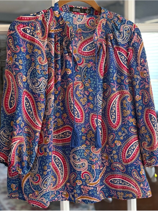 Cure. Tops - Cure Blue Paisley Tie-Front Blouse